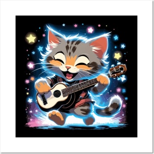 Grey dancing cat playing guitar Posters and Art